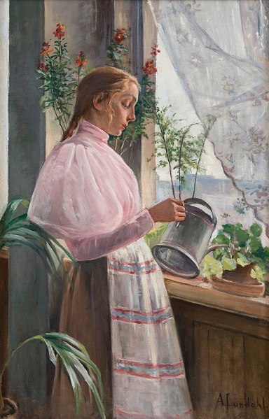 Girl Watering Flowers, by Amélie Lundahl